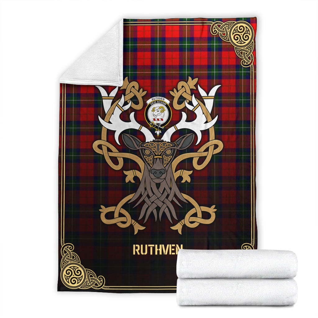 Ruthven Modern Tartan Crest Premium Blanket - Celtic Stag style