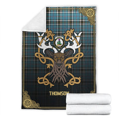 Thomson Blue Tartan Crest Premium Blanket - Celtic Stag style