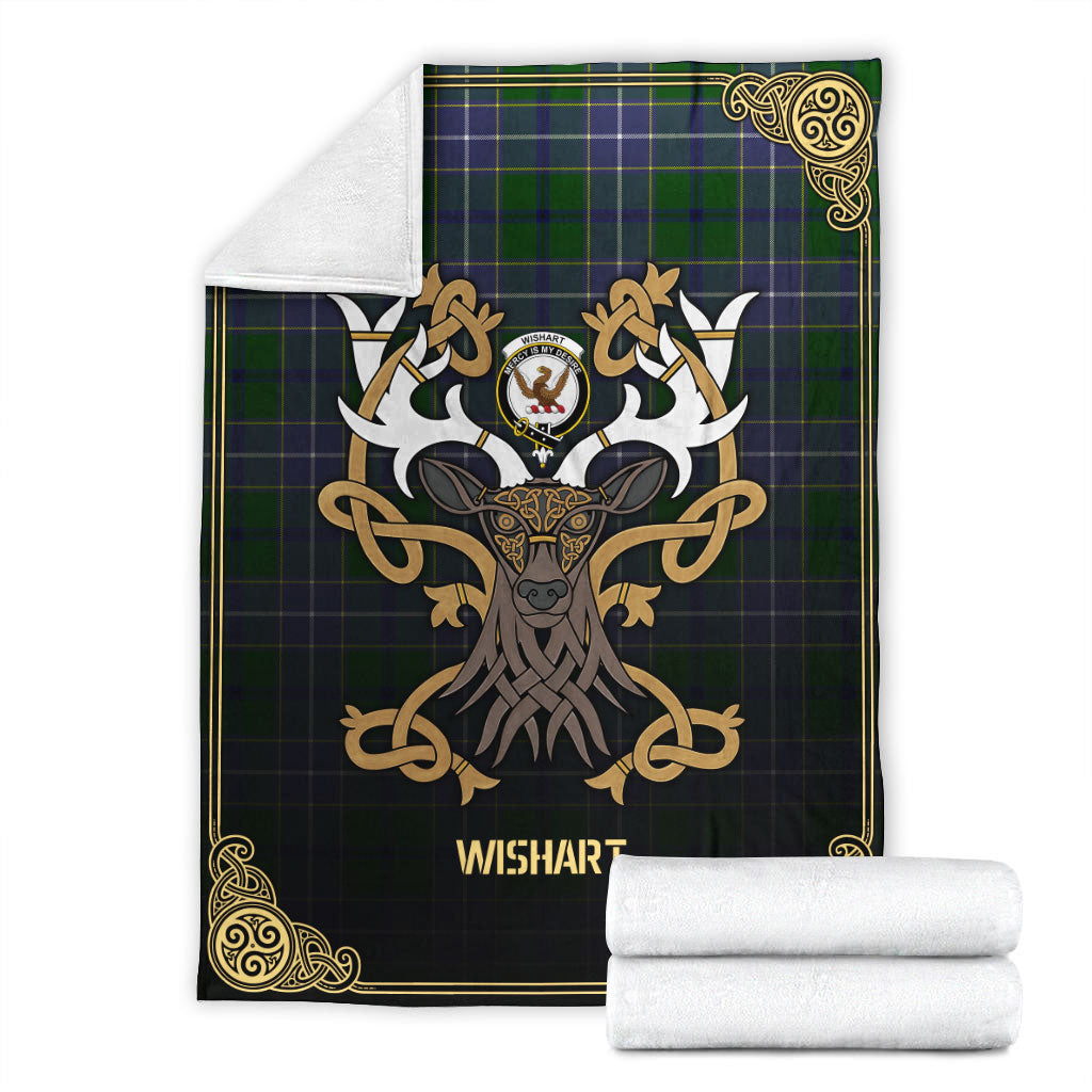 Wishart Hunting Tartan Crest Premium Blanket - Celtic Stag style