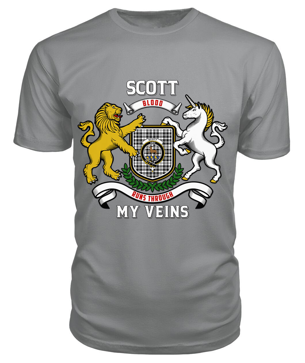 Scott Black & White Modern Tartan Crest 2D T-shirt - Blood Runs Through My Veins Style