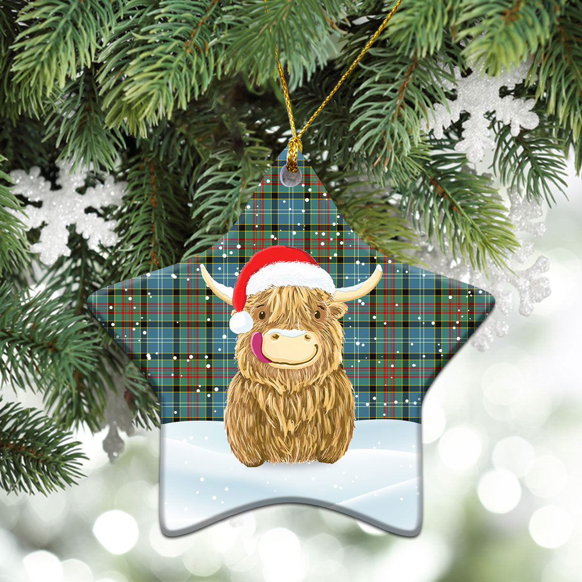 Brisbane Tartan Christmas Ceramic Ornament - Highland Cows Style