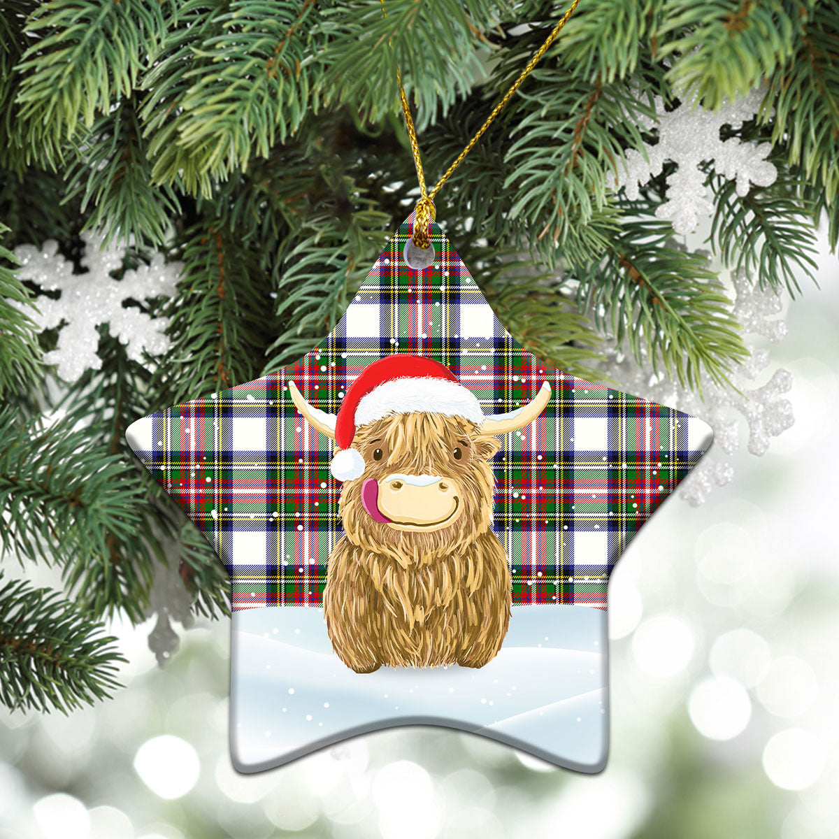 Dennistoun Tartan Christmas Ceramic Ornament - Highland Cows Style