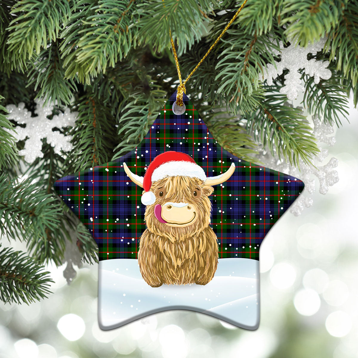 Fleming Tartan Christmas Ceramic Ornament - Highland Cows Style