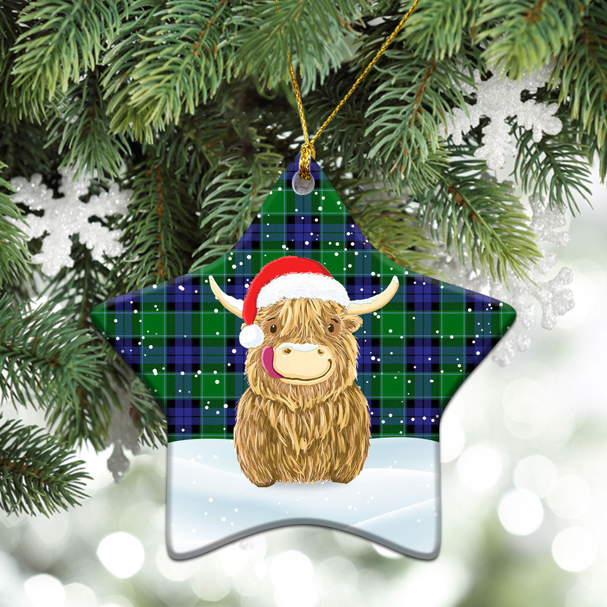 Haldane Tartan Christmas Ceramic Ornament - Highland Cows Style