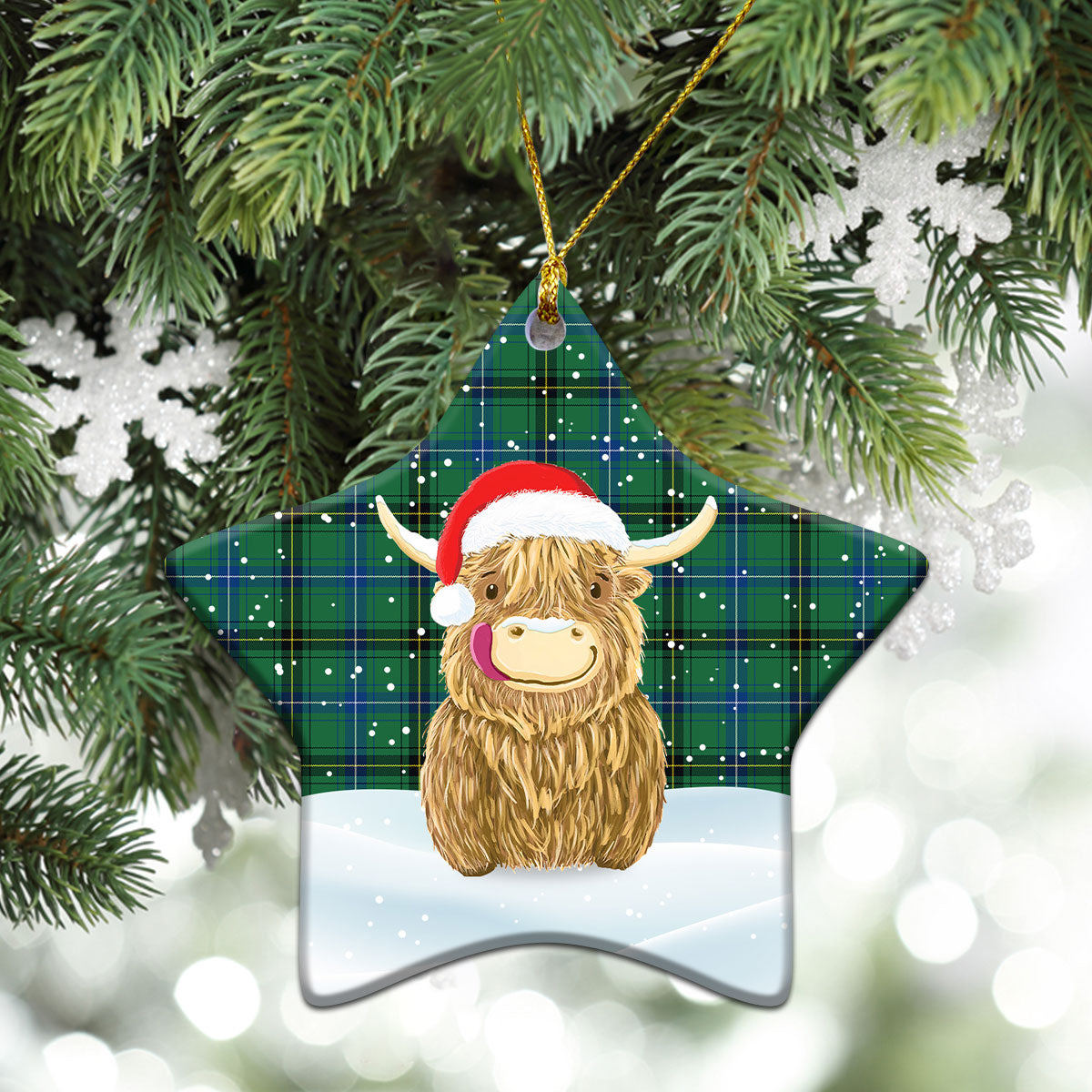 Henderson Ancient Tartan Christmas Ceramic Ornament - Highland Cows Style