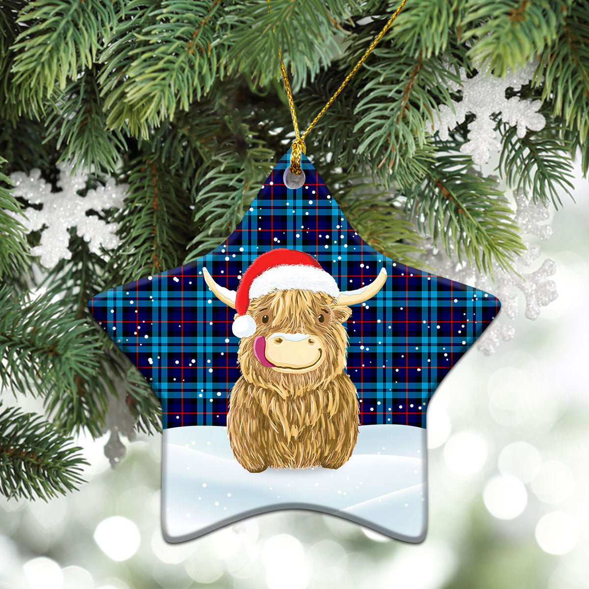 MacCorquodale Tartan Christmas Ceramic Ornament - Highland Cows Style