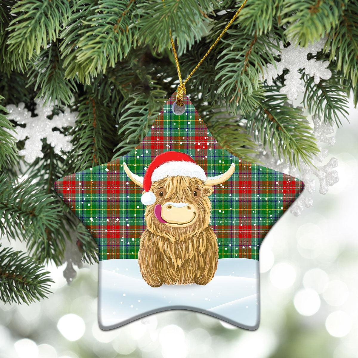 Muirhead Tartan Christmas Ceramic Ornament - Highland Cows Style