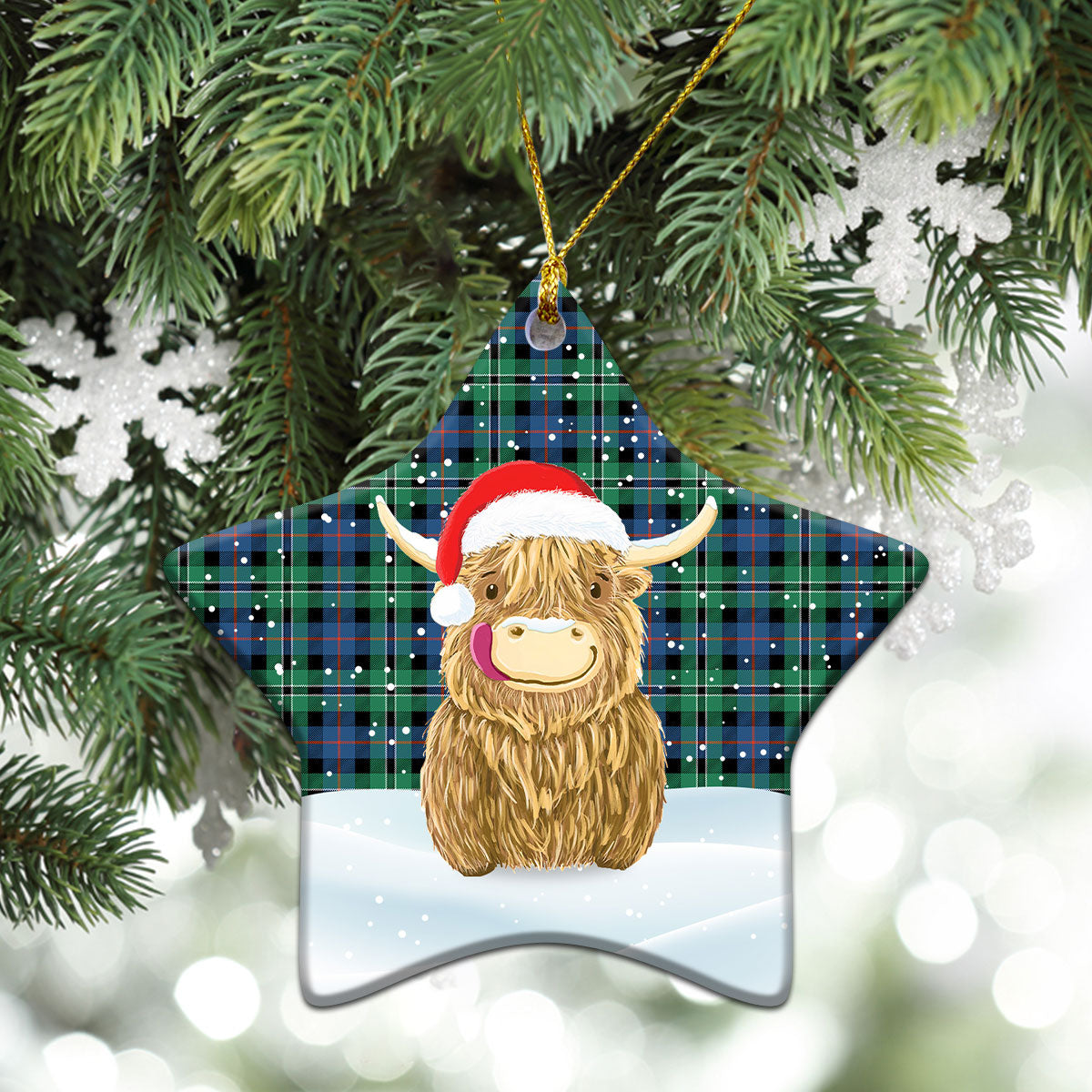 Rose Hunting Ancient Tartan Christmas Ceramic Ornament - Highland Cows Style