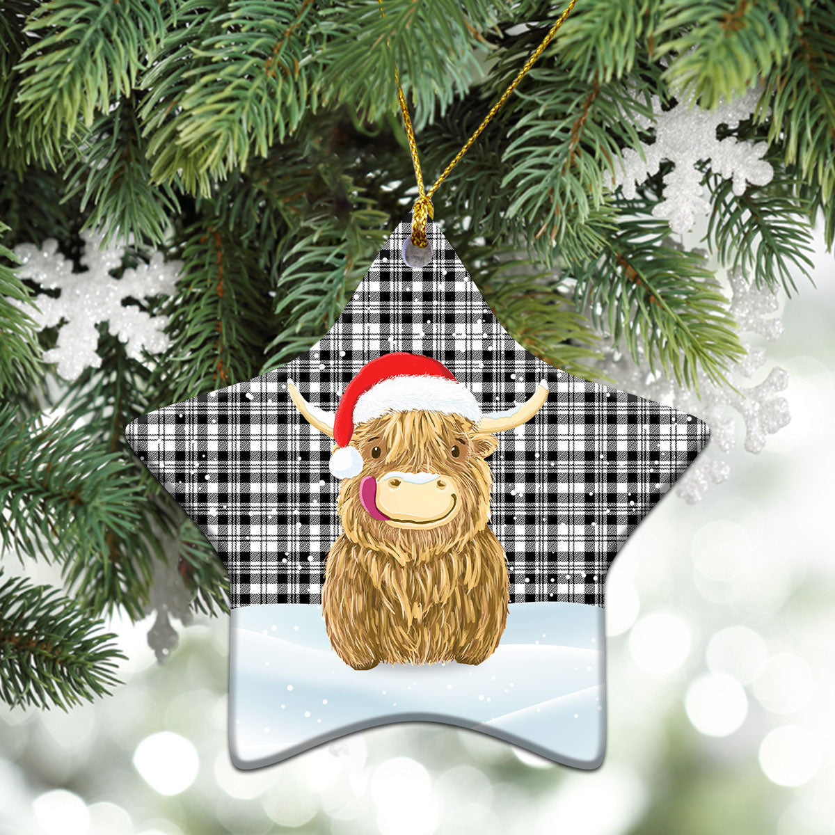 Scott Black & White Modern Tartan Christmas Ceramic Ornament - Highland Cows Style