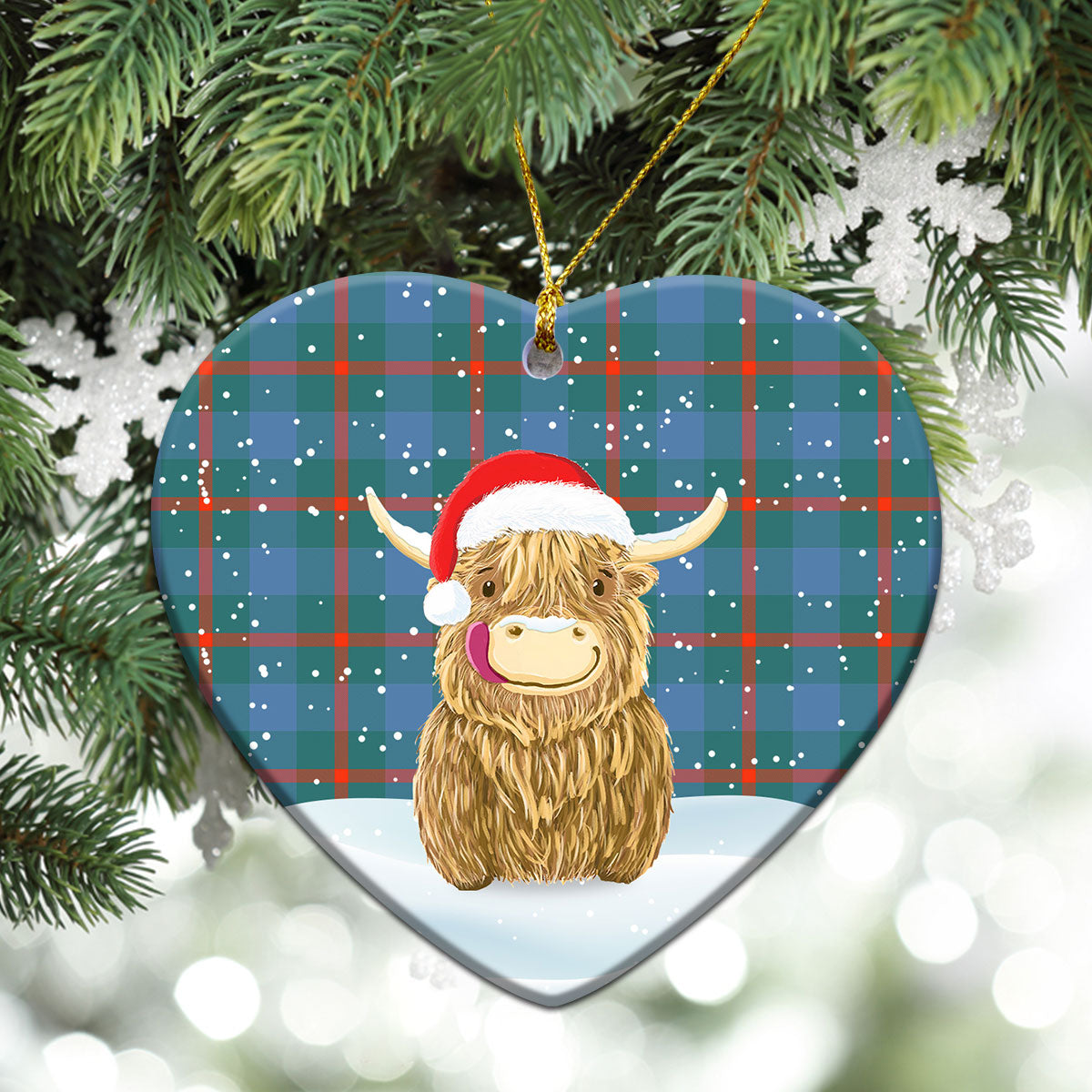 Agnew Ancient Tartan Christmas Ceramic Ornament - Highland Cows Style