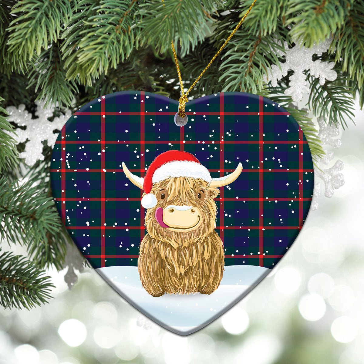 Agnew Modern Tartan Christmas Ceramic Ornament - Highland Cows Style