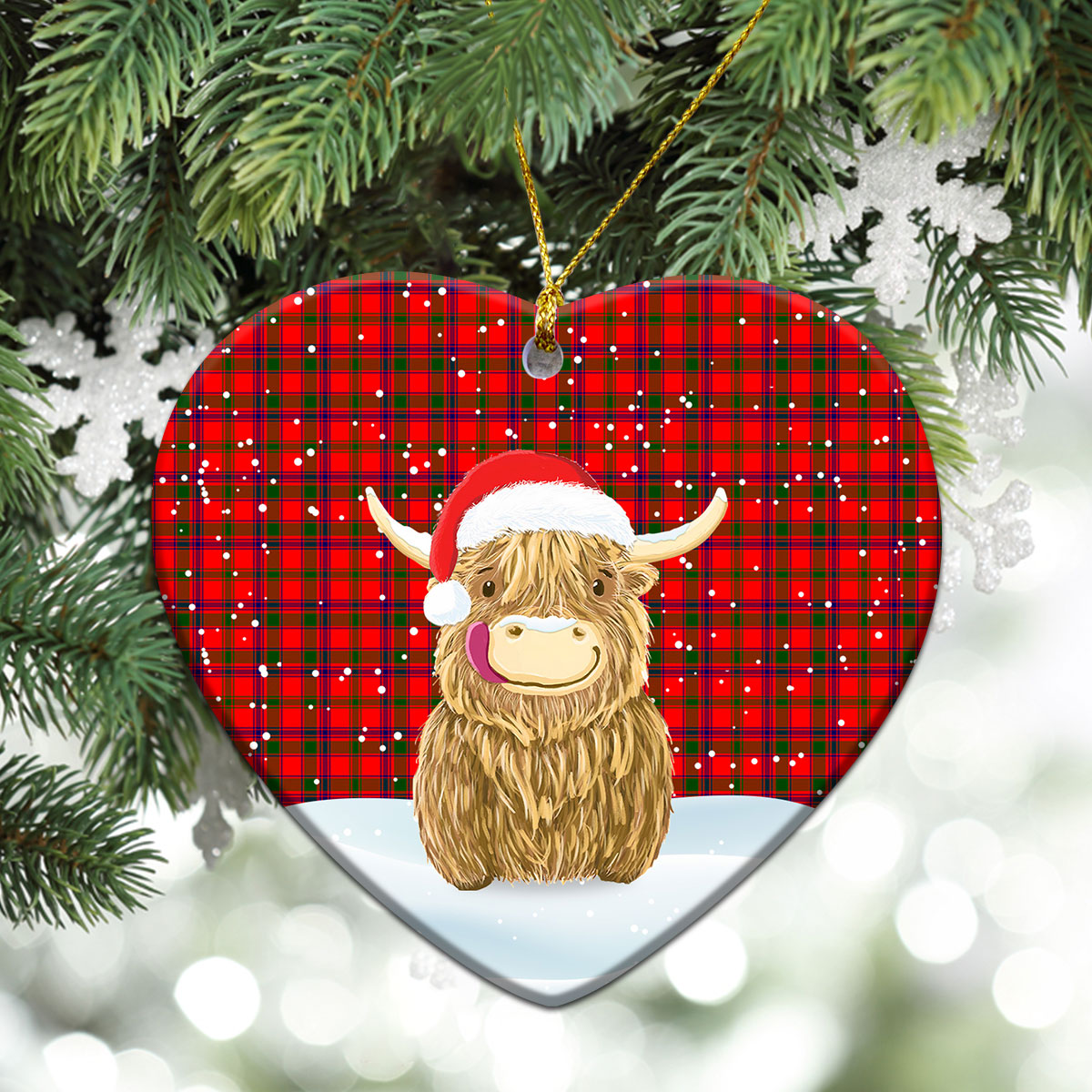 Bain Tartan Christmas Ceramic Ornament - Highland Cows Style