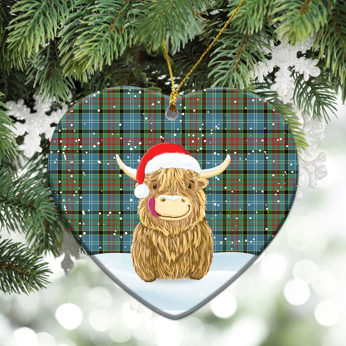 Brisbane Tartan Christmas Ceramic Ornament - Highland Cows Style