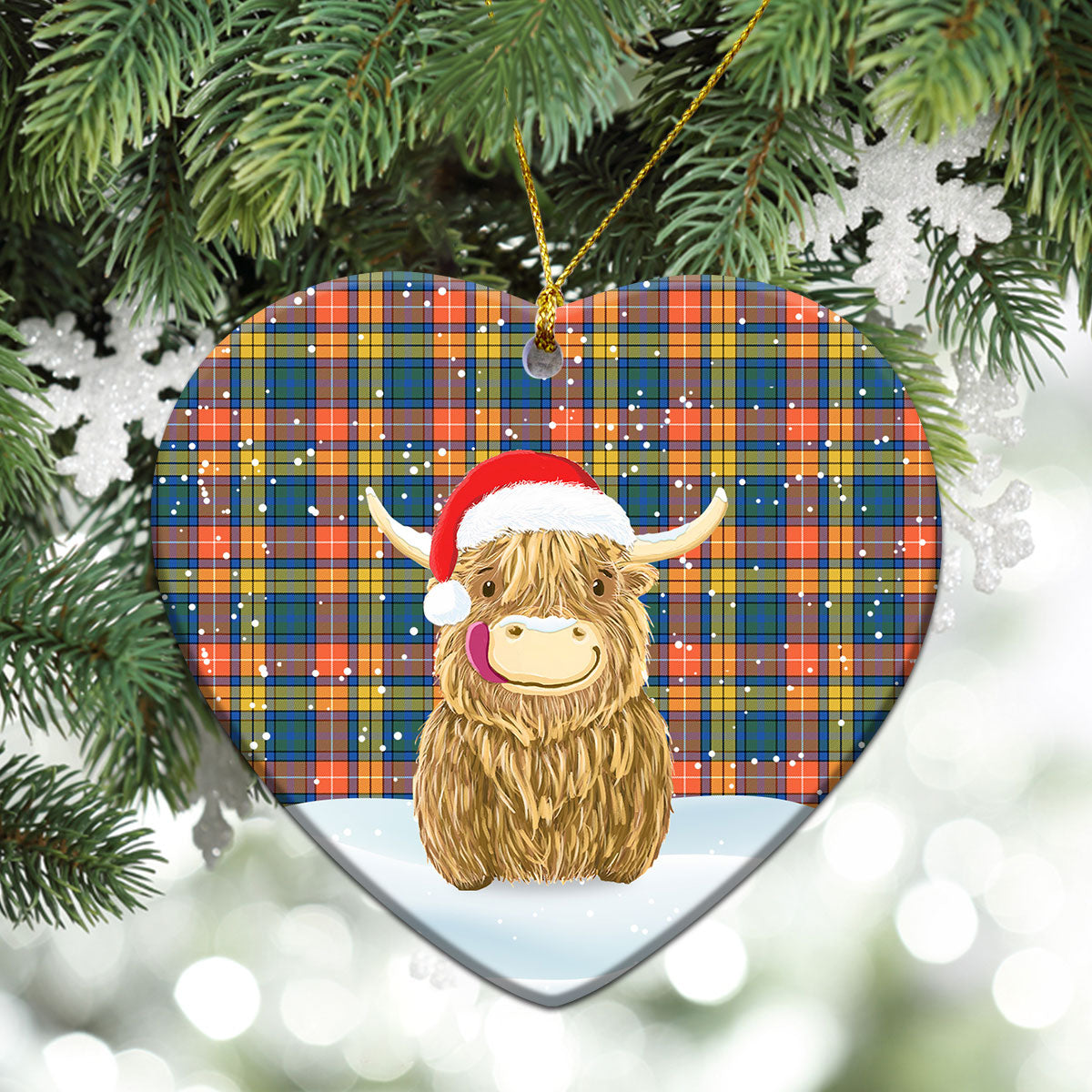 Buchanan Ancient Tartan Christmas Ceramic Ornament - Highland Cows Style