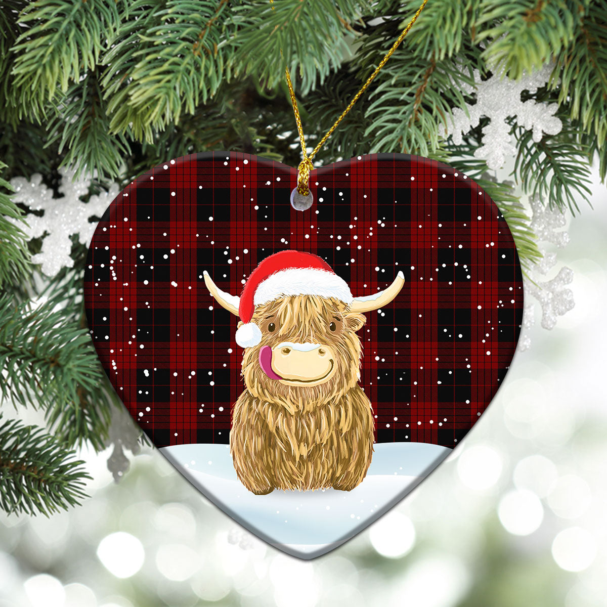 Cameron, Black & Red Tartan Christmas Ceramic Ornament - Highland Cows Style