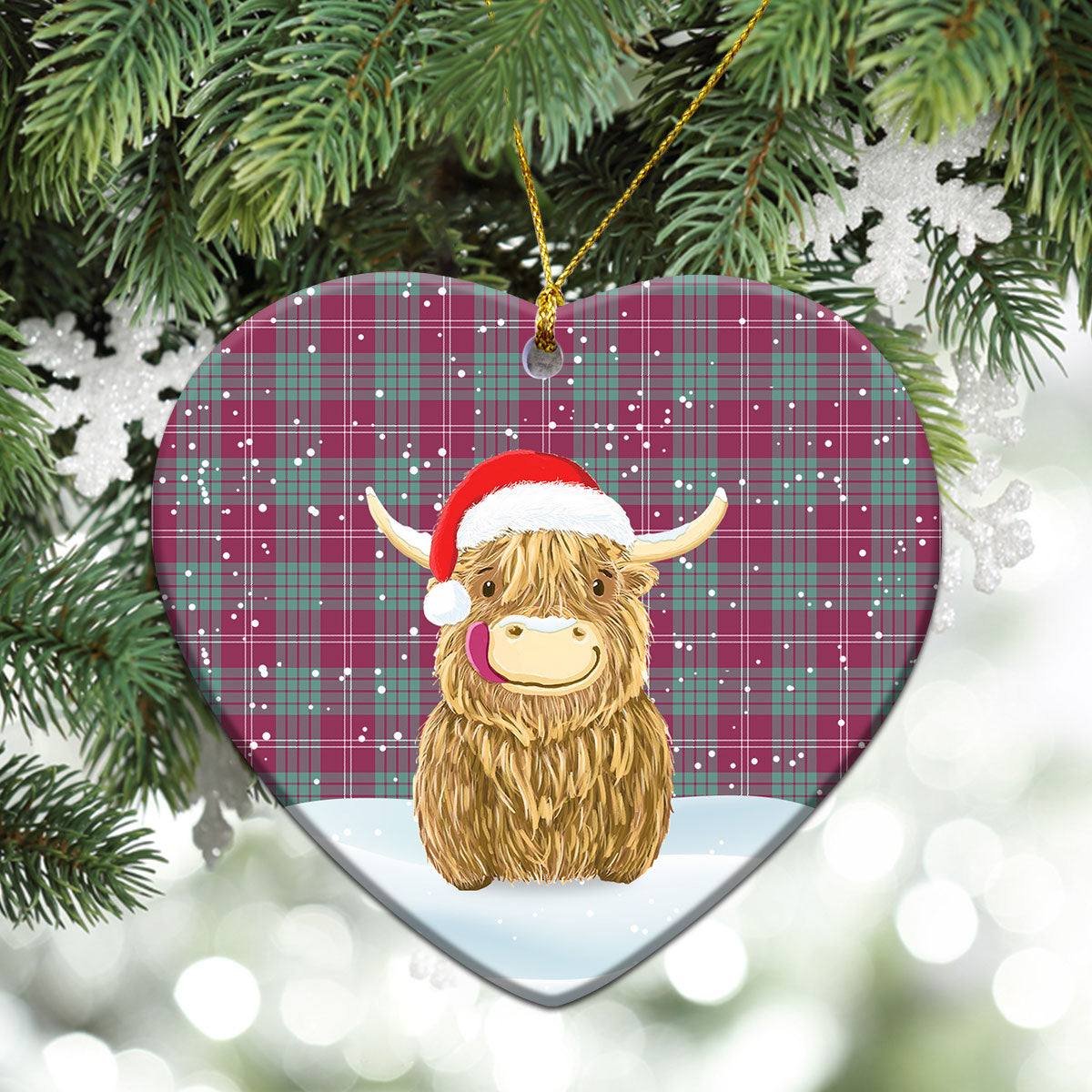 Crawford Ancient Tartan Christmas Ceramic Ornament - Highland Cows Style