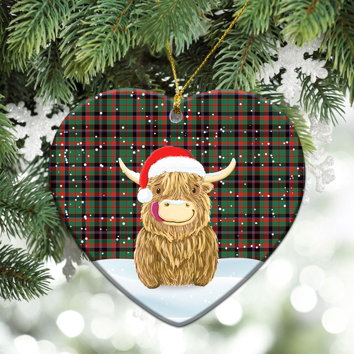 Cumming Hunting Ancient Tartan Christmas Ceramic Ornament - Highland Cows Style