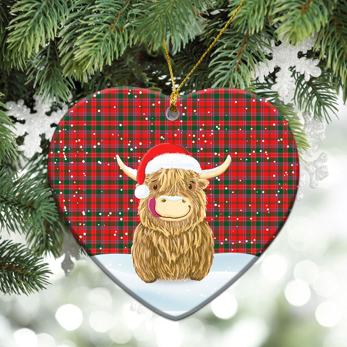 Dalziel Modern Tartan Christmas Ceramic Ornament - Highland Cows Style