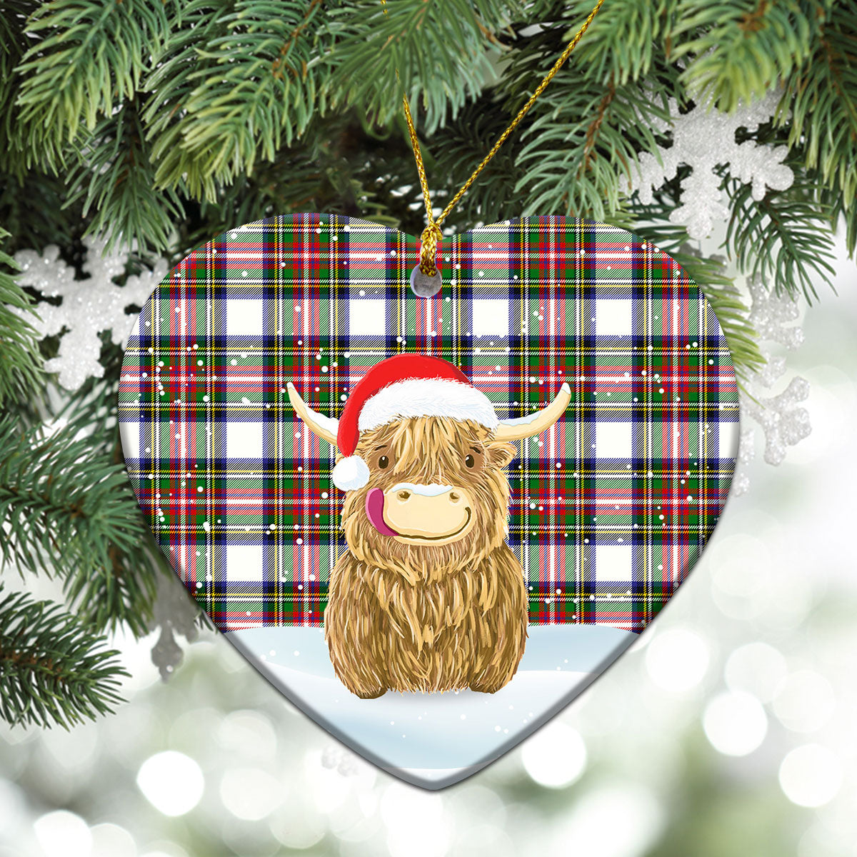 Dennistoun Tartan Christmas Ceramic Ornament - Highland Cows Style