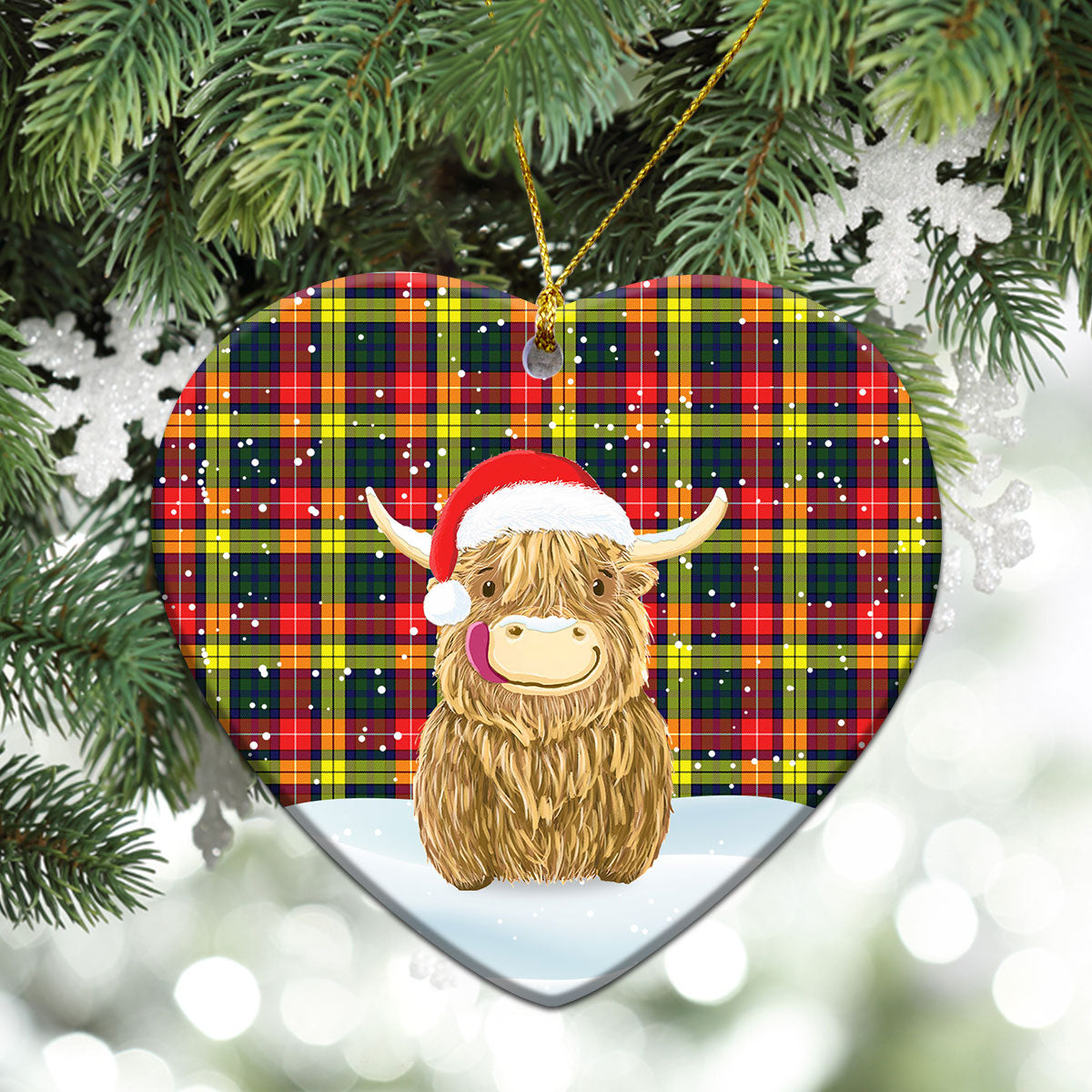 Dewar Tartan Christmas Ceramic Ornament - Highland Cows Style