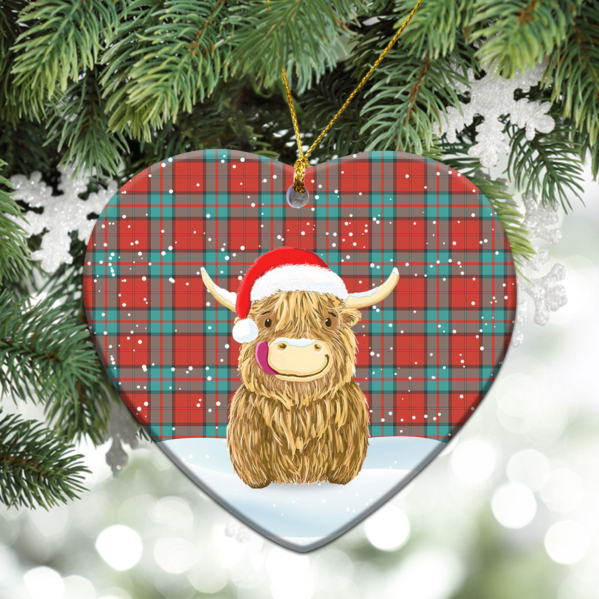 Dunbar Ancient Tartan Christmas Ceramic Ornament - Highland Cows Style