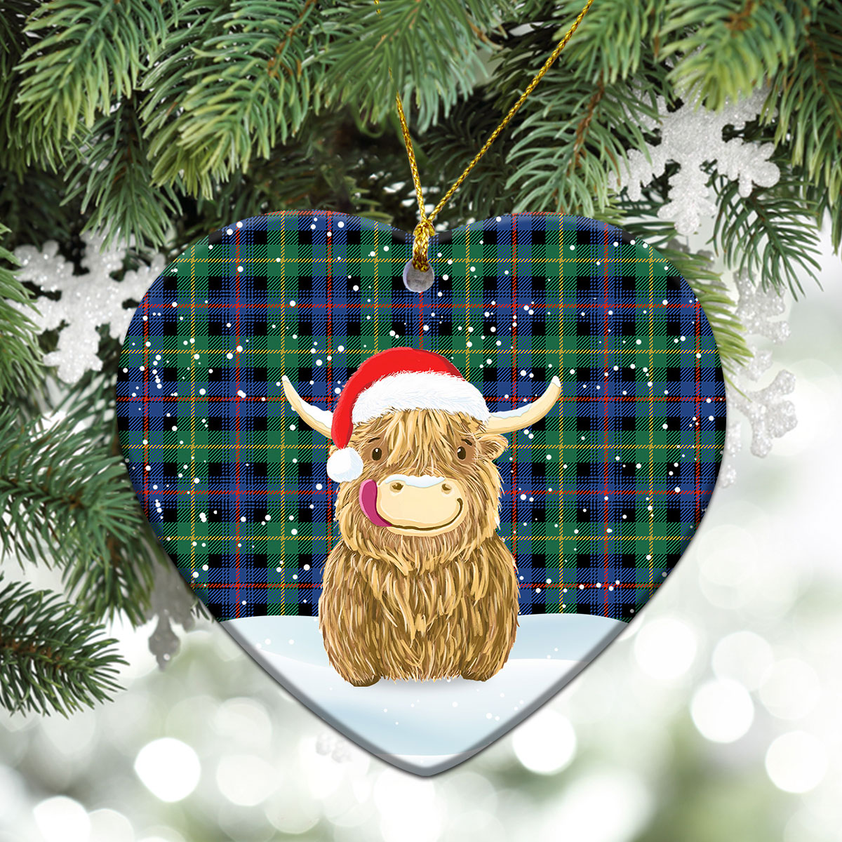 Farquharson Ancient Tartan Christmas Ceramic Ornament - Highland Cows Style
