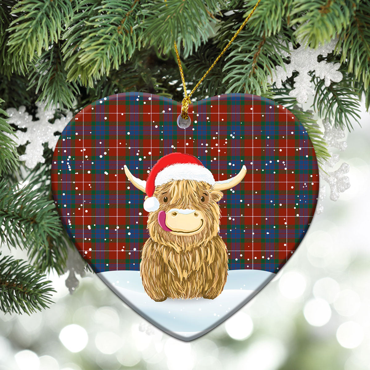 Fraser (of Lovat) Ancient Tartan Christmas Ceramic Ornament - Highland Cows Style