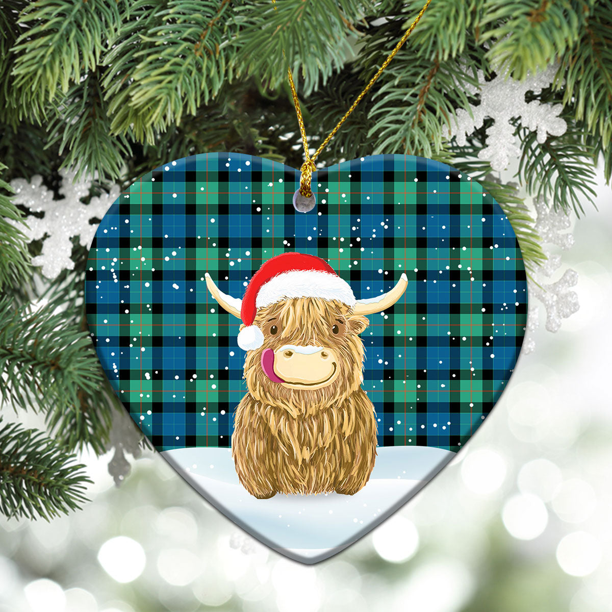 Gunn Ancient Tartan Christmas Ceramic Ornament - Highland Cows Style