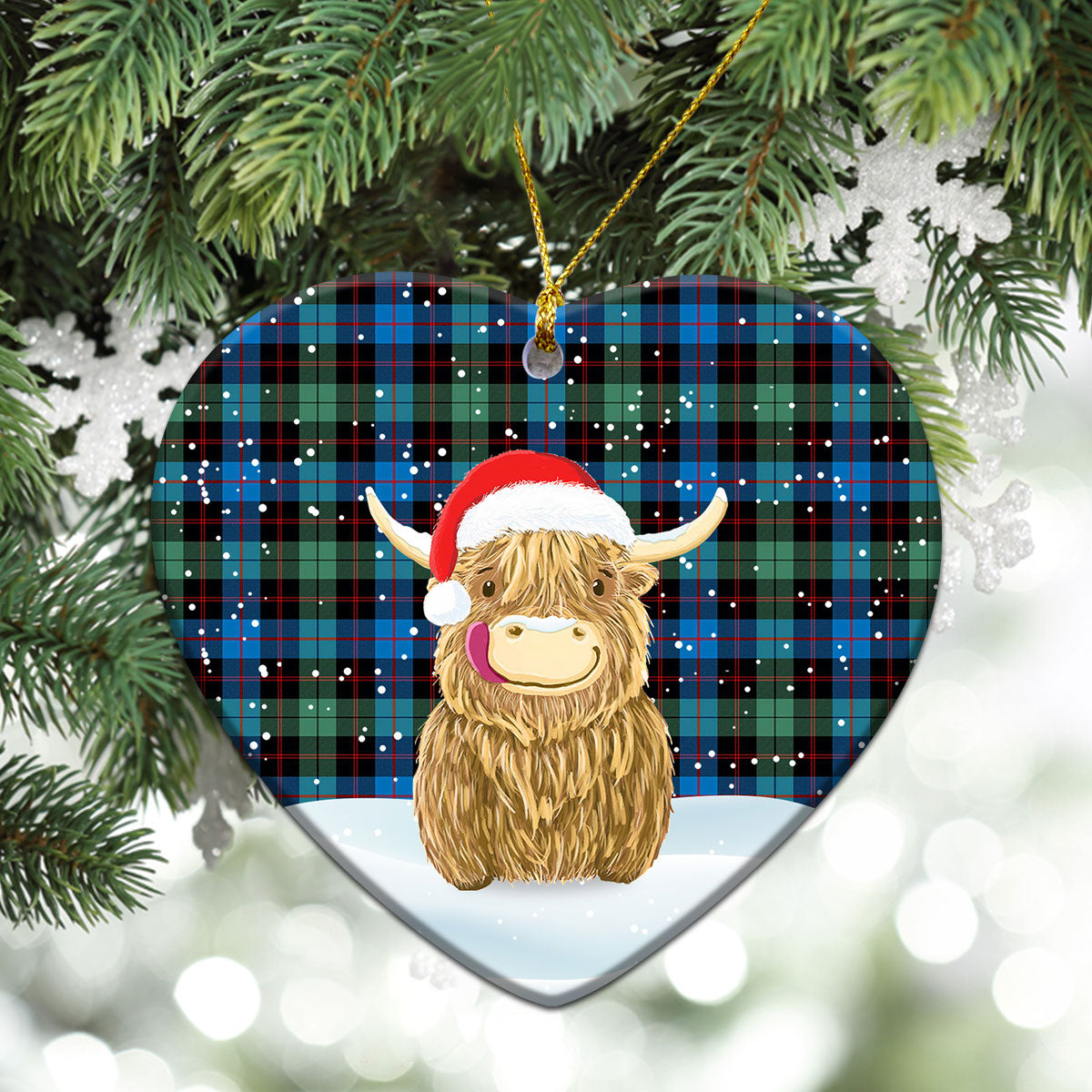 Guthrie Ancient Tartan Christmas Ceramic Ornament - Highland Cows Style