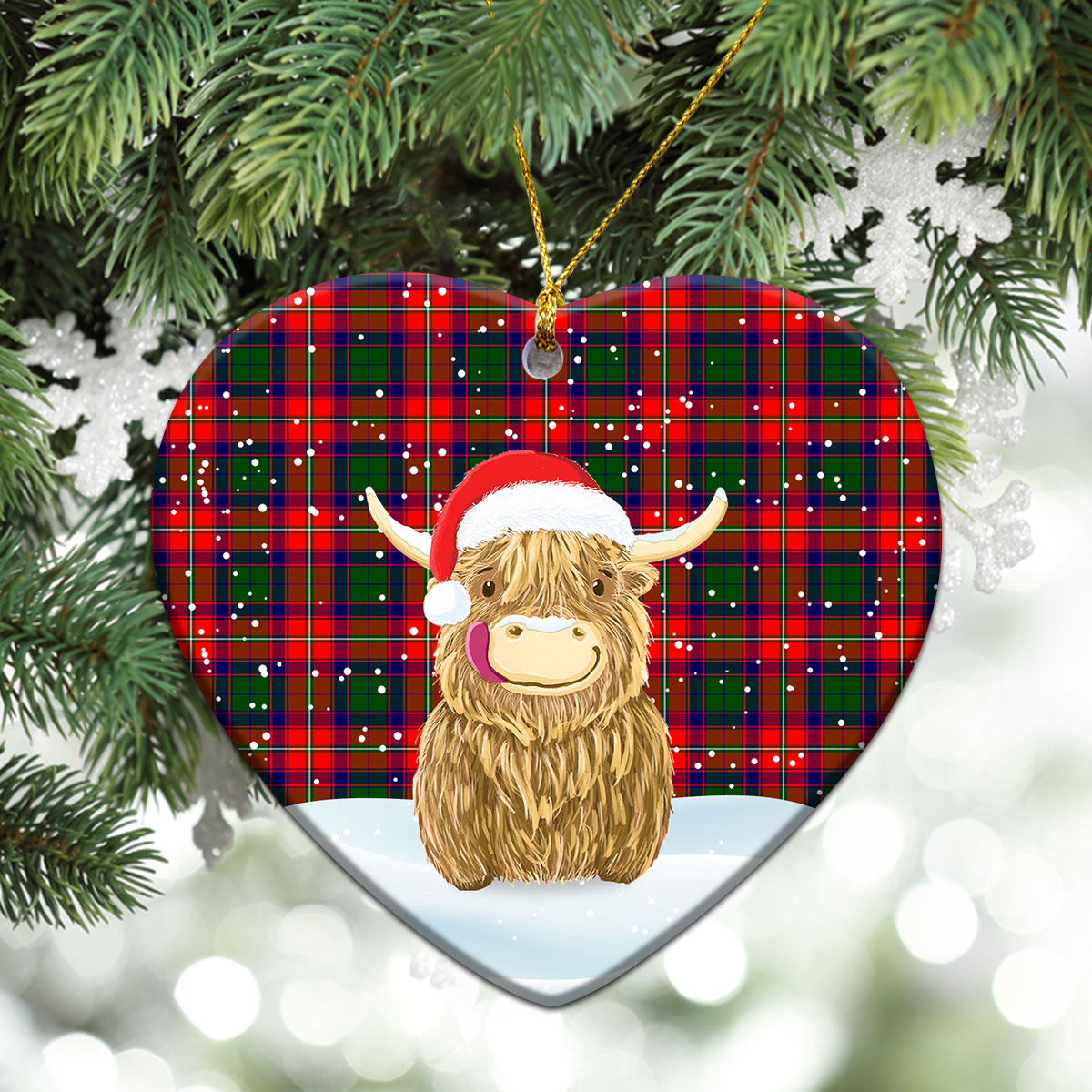 Hopkirk Tartan Christmas Ceramic Ornament - Highland Cows Style