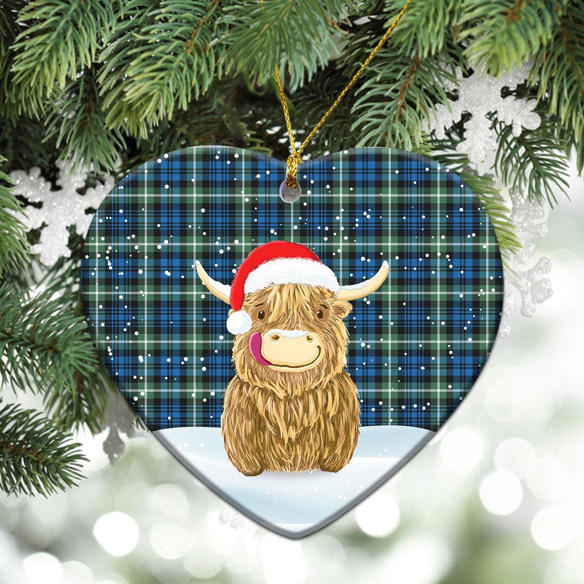 Lamont Ancient Tartan Christmas Ceramic Ornament - Highland Cows Style