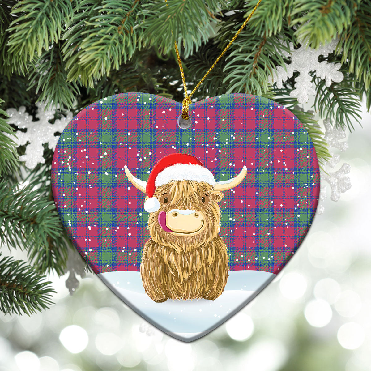 Lindsay Ancient Tartan Christmas Ceramic Ornament - Highland Cows Style