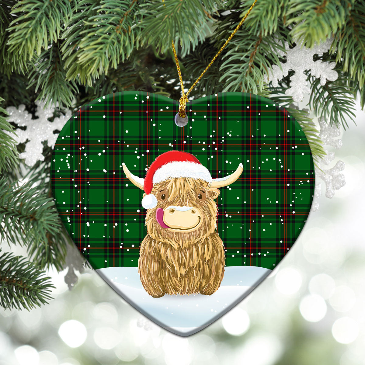 Lundin Tartan Christmas Ceramic Ornament - Highland Cows Style