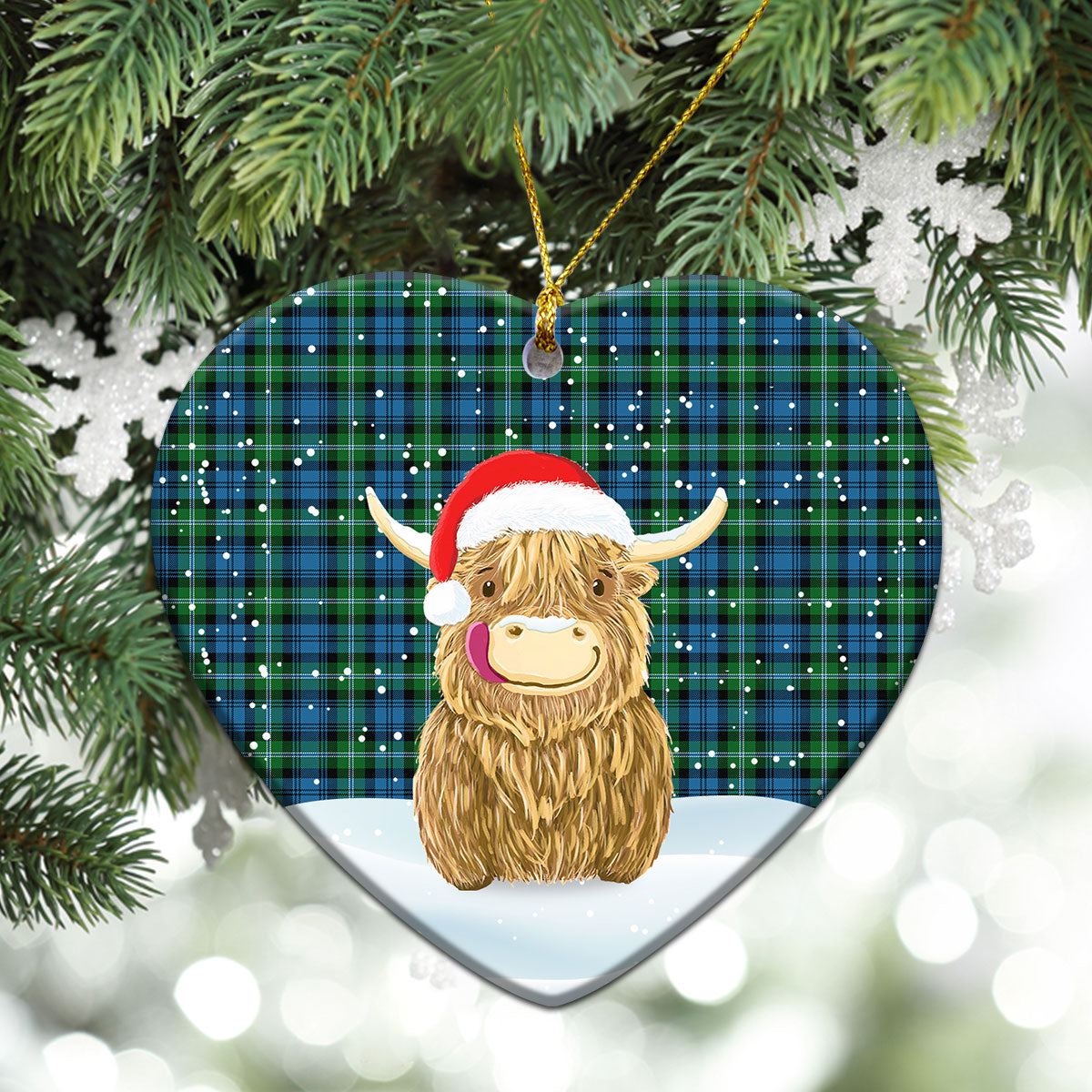 Lyon Tartan Christmas Ceramic Ornament - Highland Cows Style