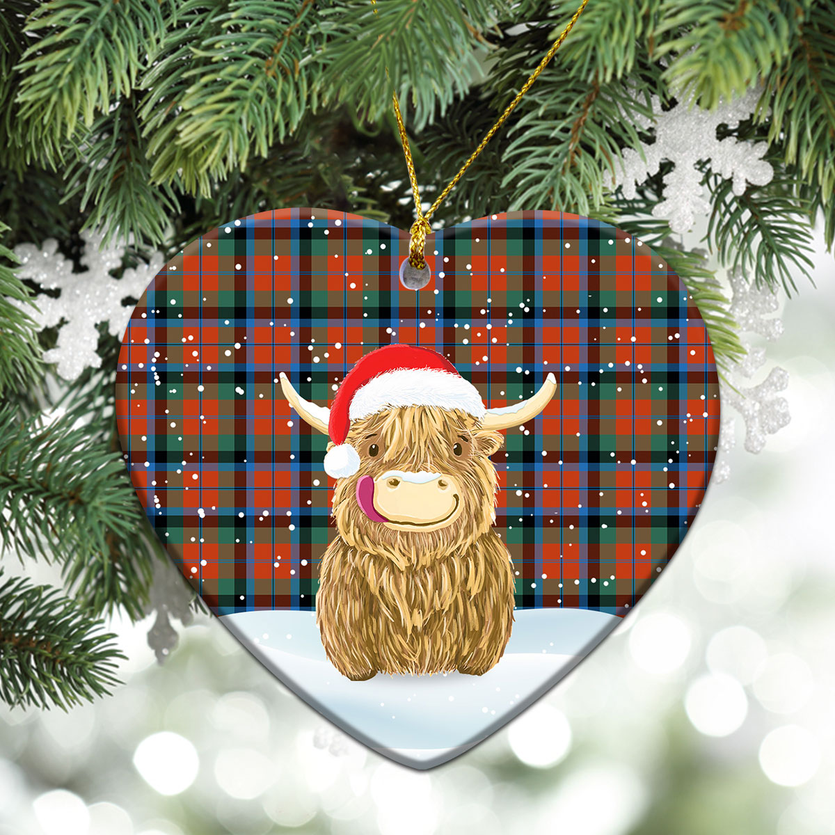 MacNaughton Ancient Tartan Christmas Ceramic Ornament - Highland Cows Style