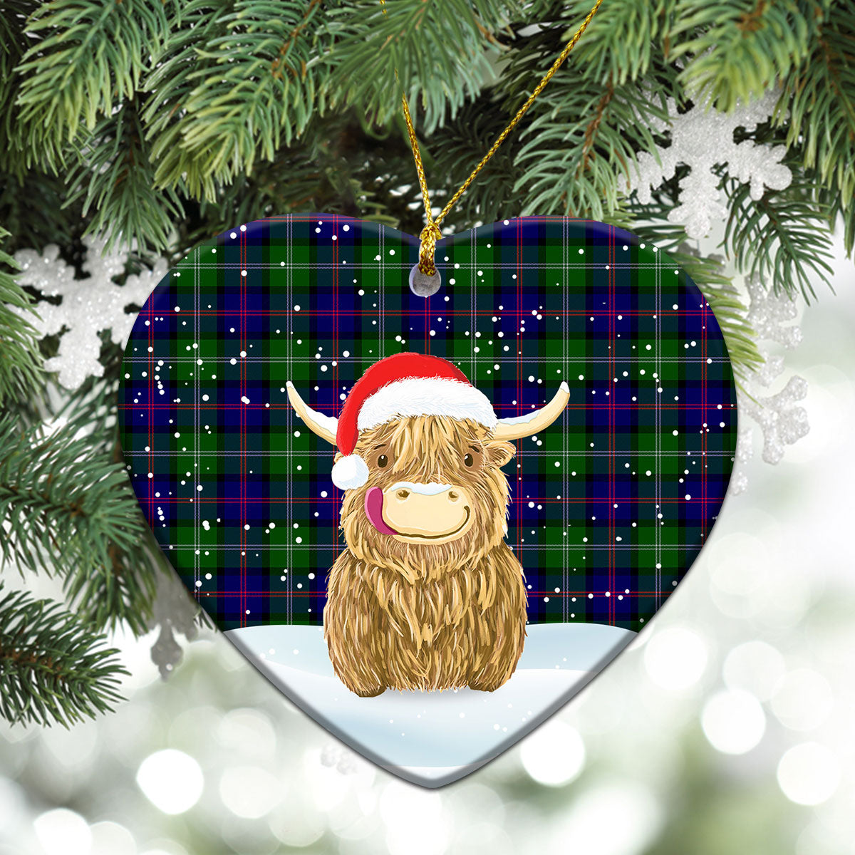 MacThomas Modern Tartan Christmas Ceramic Ornament - Highland Cows Style