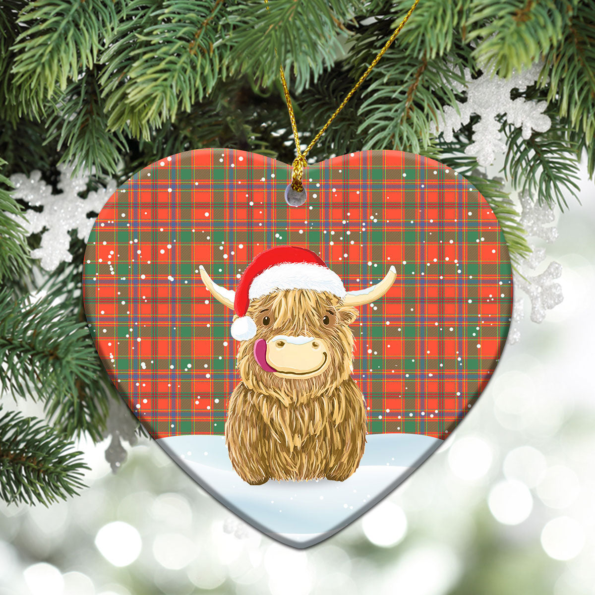 Munro Ancient Tartan Christmas Ceramic Ornament - Highland Cows Style