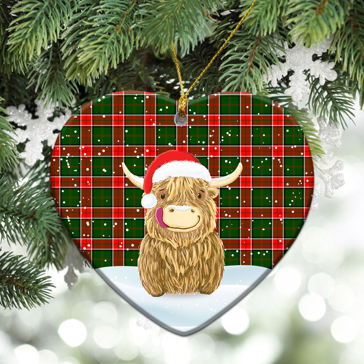 Pollock Tartan Christmas Ceramic Ornament - Highland Cows Style