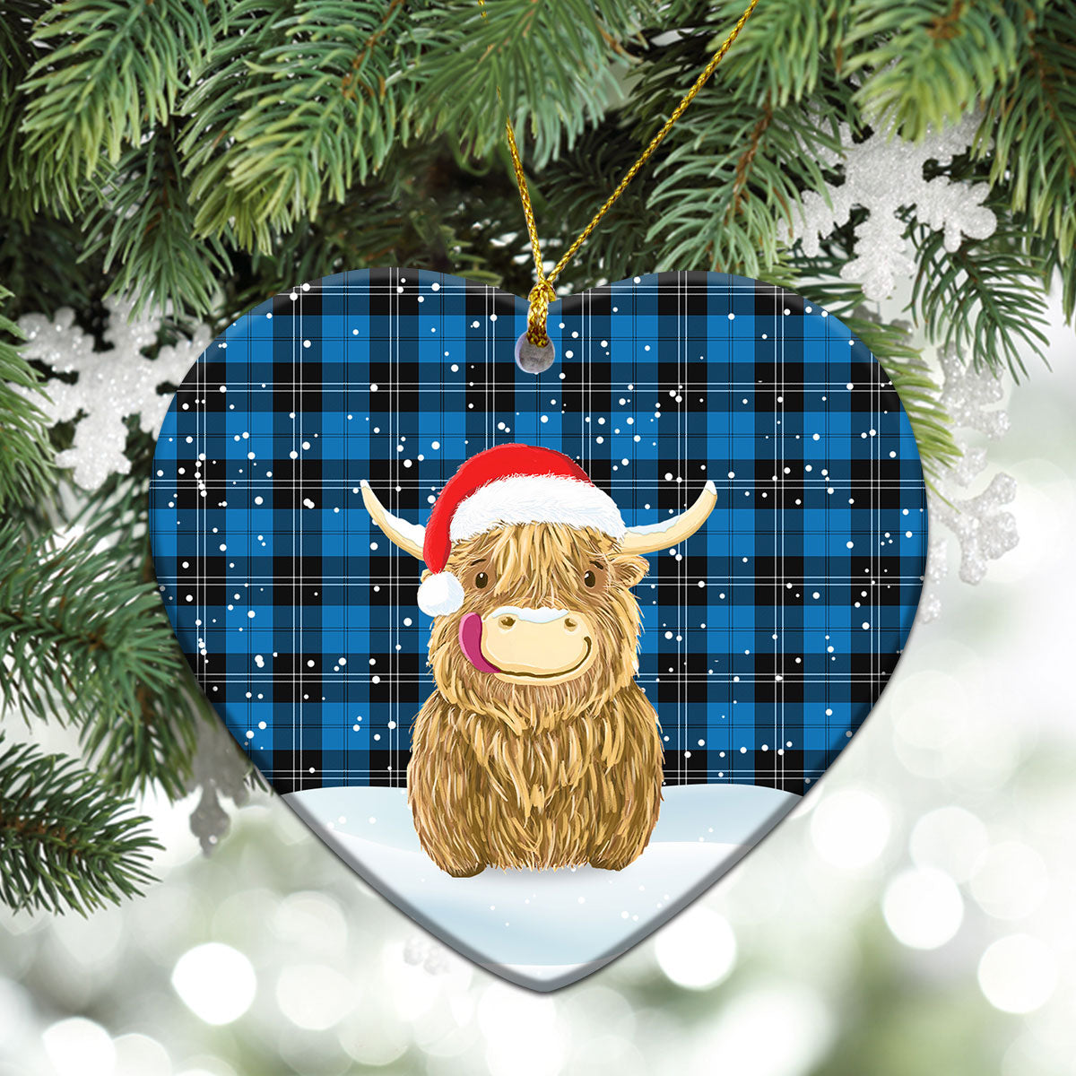 Ramsay Blue Ancient Tartan Christmas Ceramic Ornament - Highland Cows Style