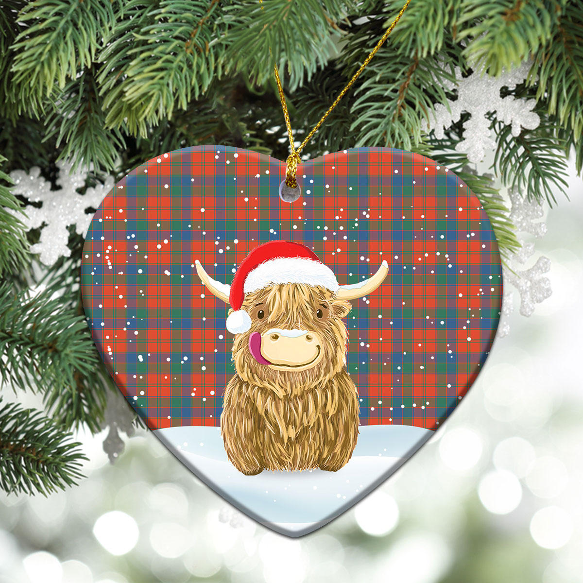 Robertson Ancient Tartan Christmas Ceramic Ornament - Highland Cows Style