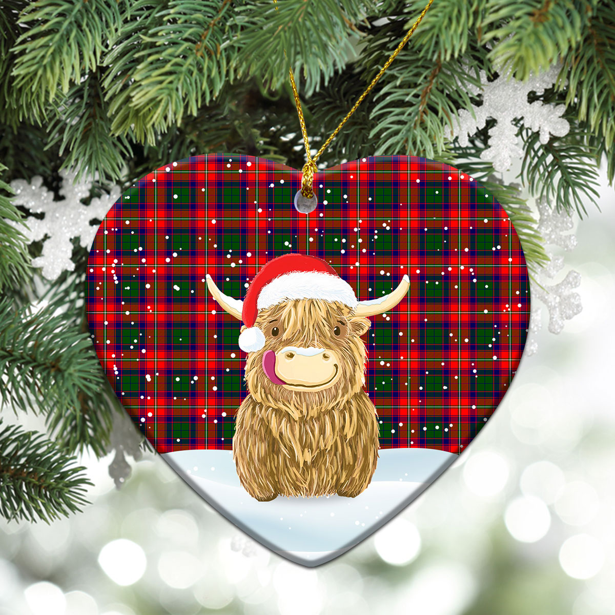 Roxburgh District Tartan Christmas Ceramic Ornament - Highland Cows Style