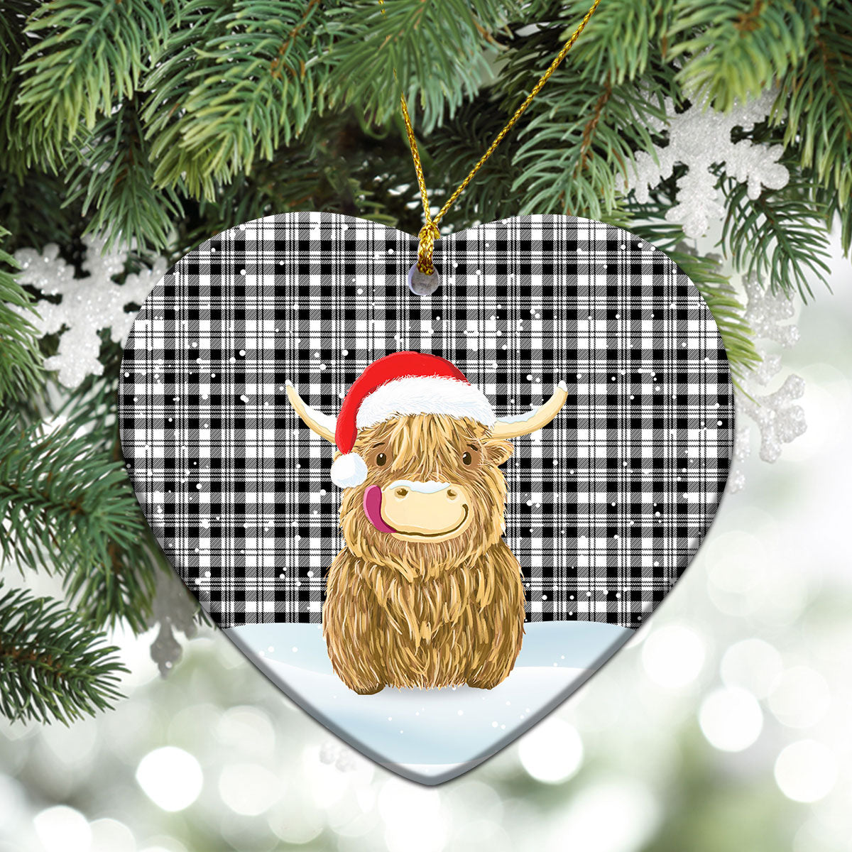 Scott Black & White Modern Tartan Christmas Ceramic Ornament - Highland Cows Style