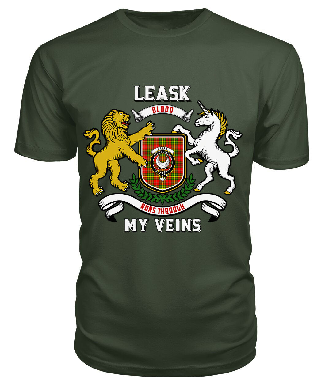 Leask Tartan Crest 2D T-shirt - Blood Runs Through My Veins Style