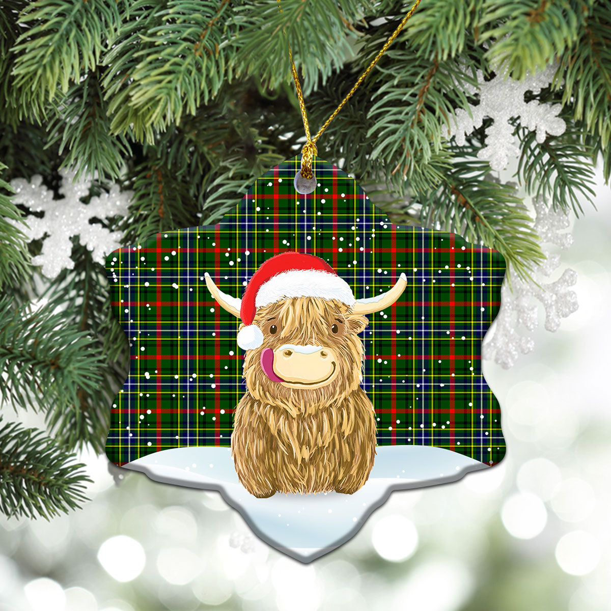 Bisset Tartan Christmas Ceramic Ornament - Highland Cows Style