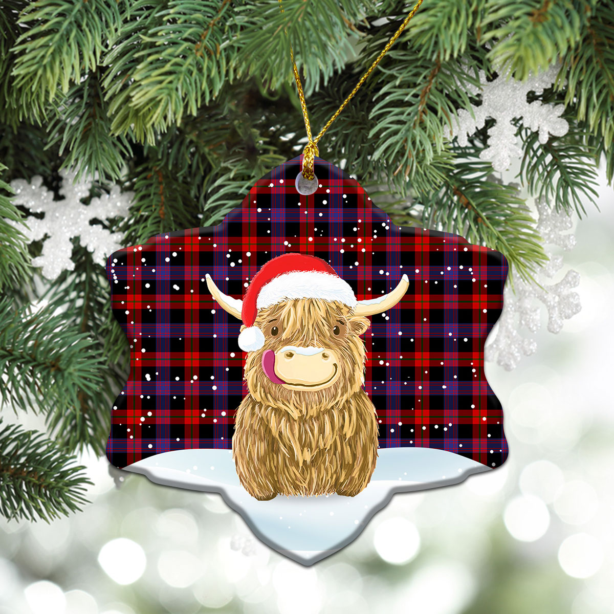 Broun Modern Tartan Christmas Ceramic Ornament - Highland Cows Style