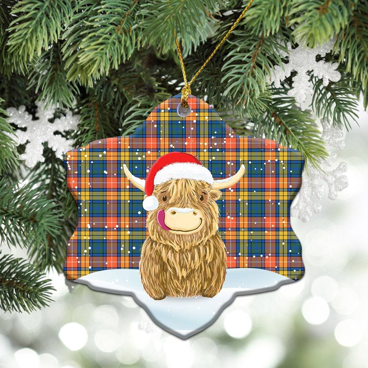 Buchanan Ancient Tartan Christmas Ceramic Ornament - Highland Cows Style