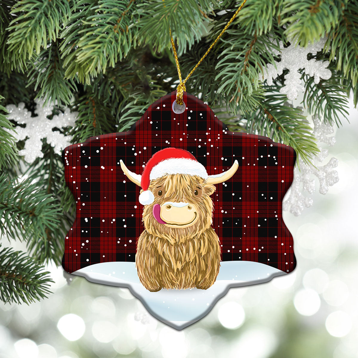 Cameron, Black & Red Tartan Christmas Ceramic Ornament - Highland Cows Style