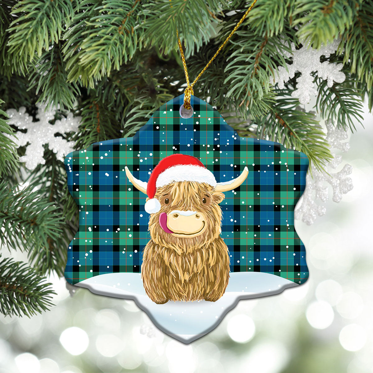 Gunn Ancient Tartan Christmas Ceramic Ornament - Highland Cows Style