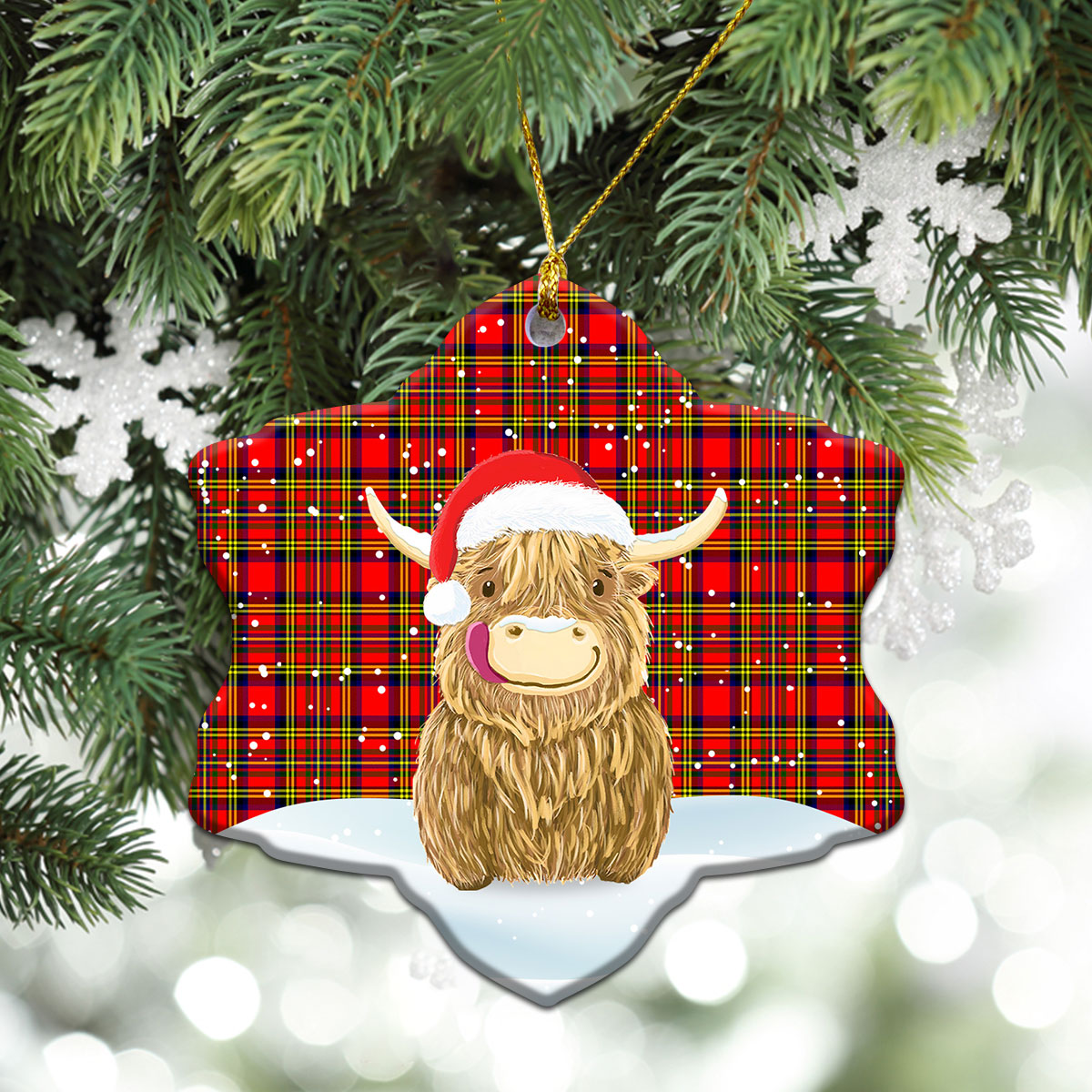 Hepburn Tartan Christmas Ceramic Ornament - Highland Cows Style