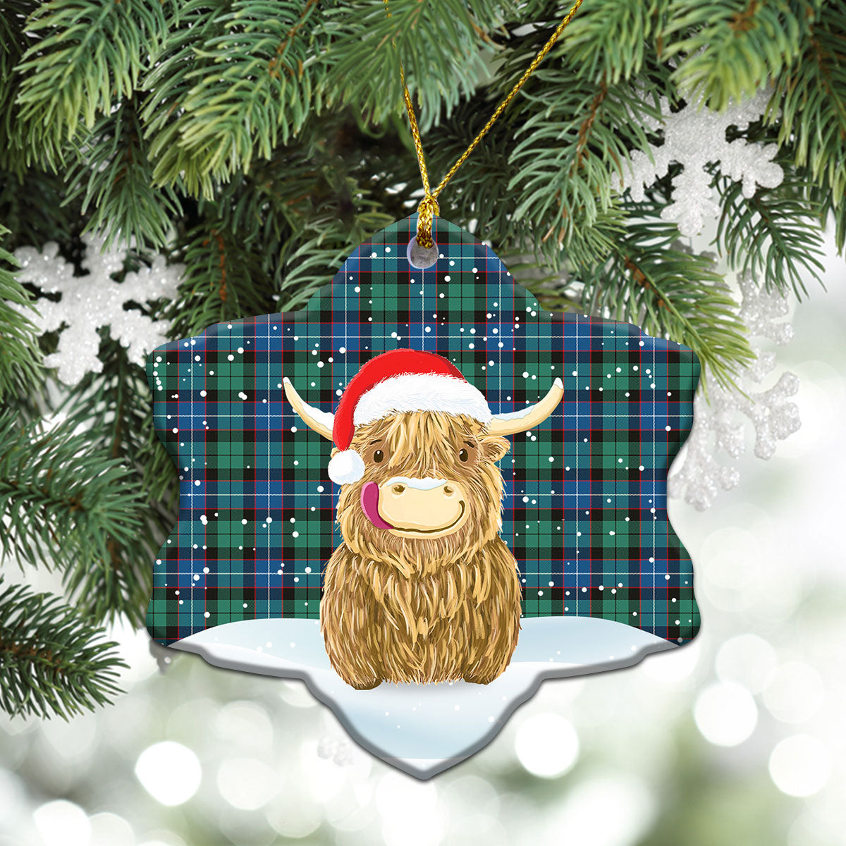 Hunter Ancient Tartan Christmas Ceramic Ornament - Highland Cows Style